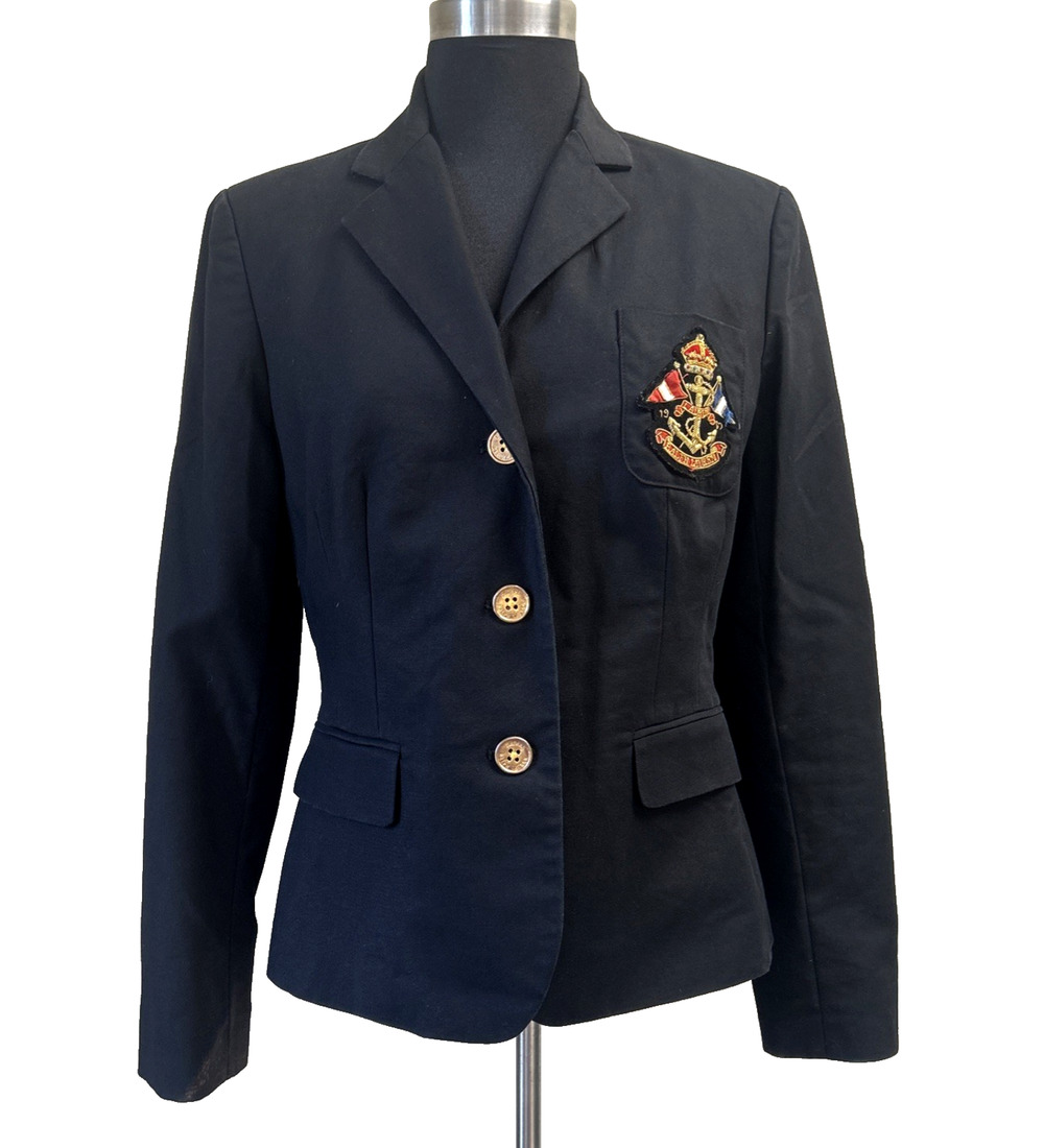 Vintage Ralph Lauren Blazer Women Medium Navy Blue Anchor Crest Gold Button FLAW